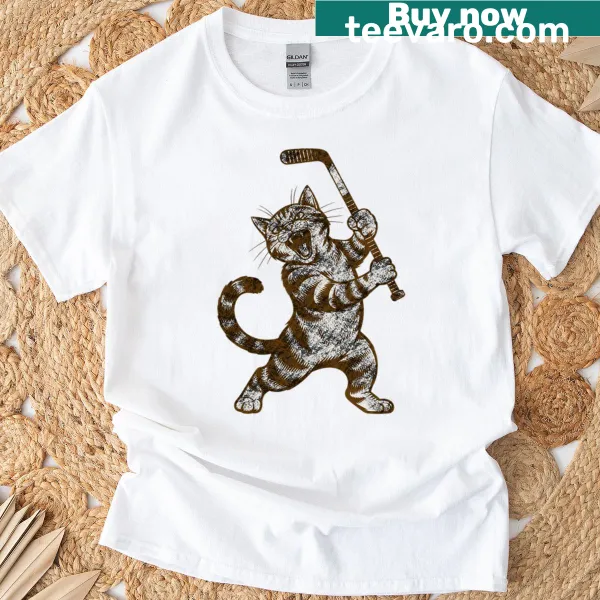 Vintage tee with cat playing ice hockey graphic