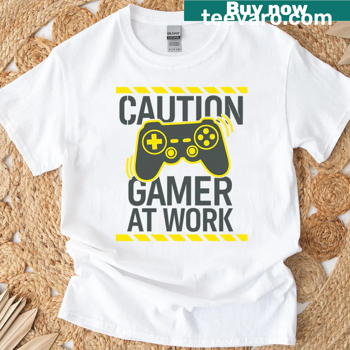 Graphic t-shirt with caution sign stating Gamer At Work — on a men's t-shirt