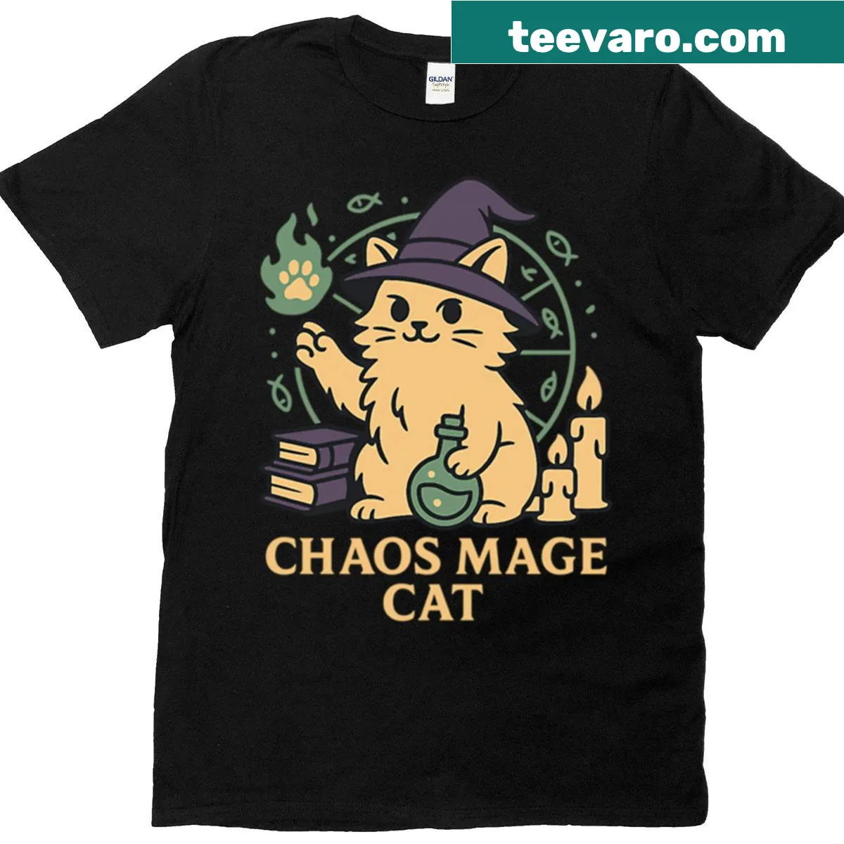Whimsical t-shirt featuring a magical cat dressed as a wizard — on a men's t-shirt