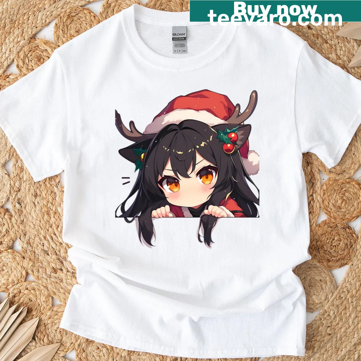 Chibi anime girl peeking design T-shirt from Arknights — on a men's t-shirt