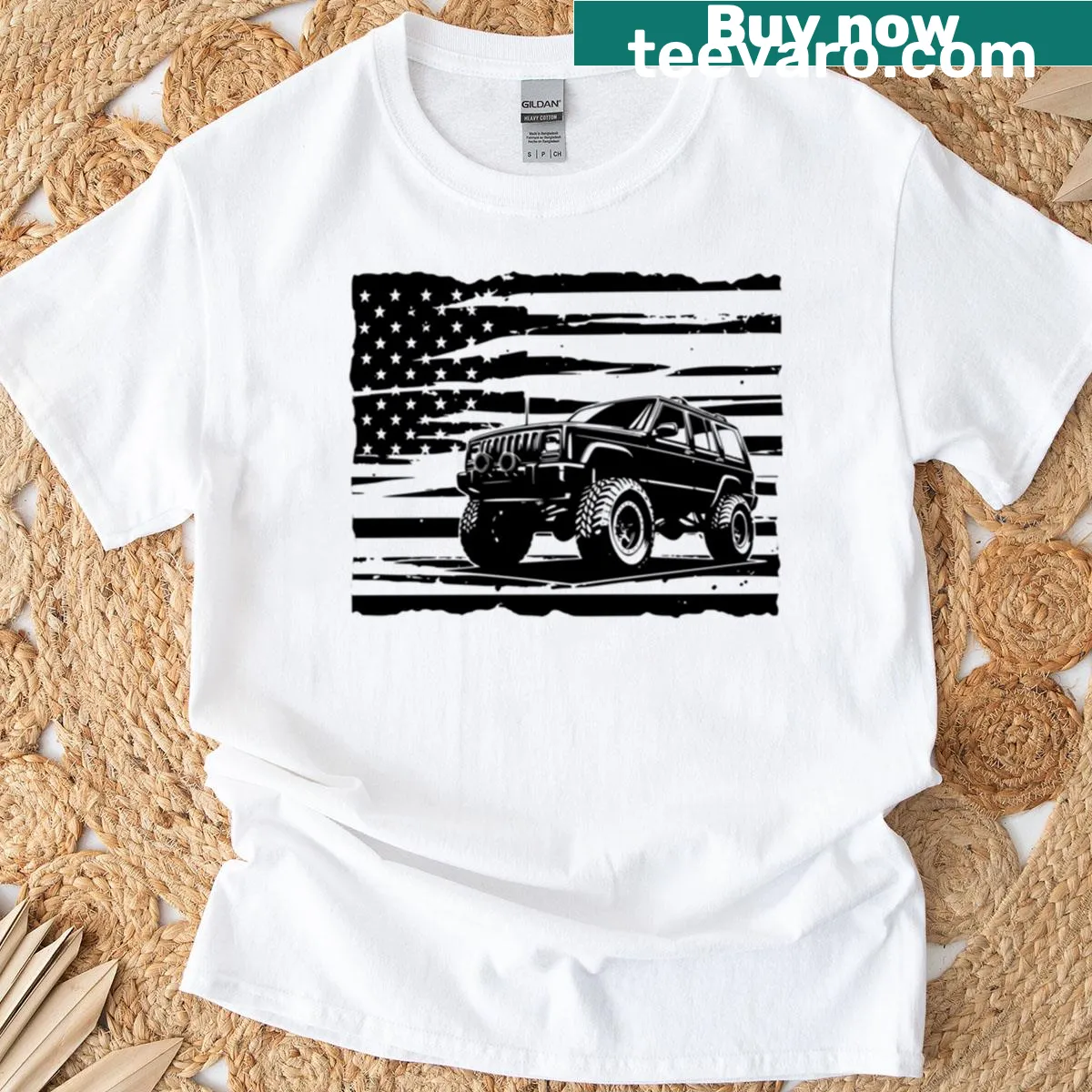 Distressed t-shirt featuring American flag and Cherokee XJ design — on a men's t-shirt