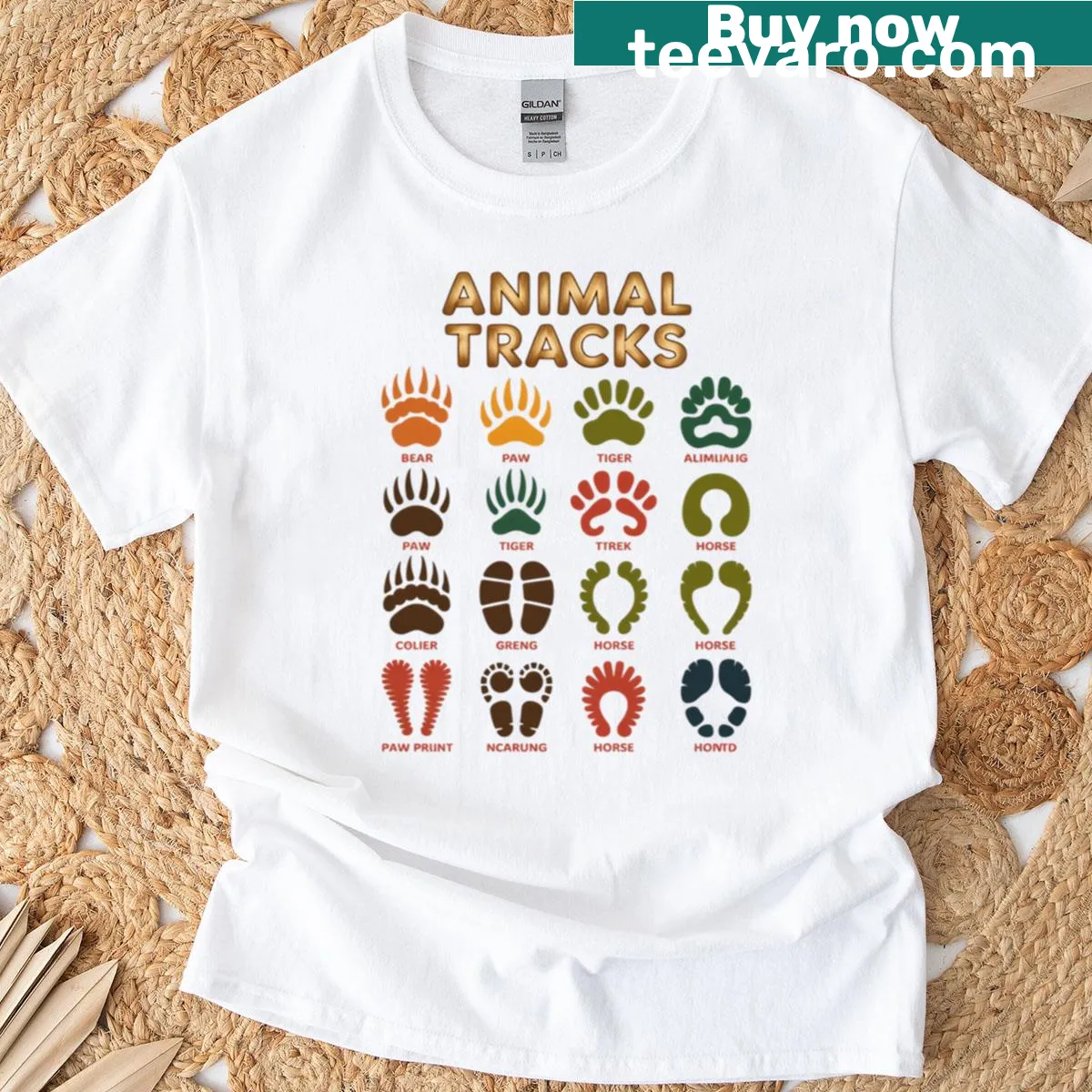 Kids t-shirt with illustrations of wild animal tracks — on a men's t-shirt
