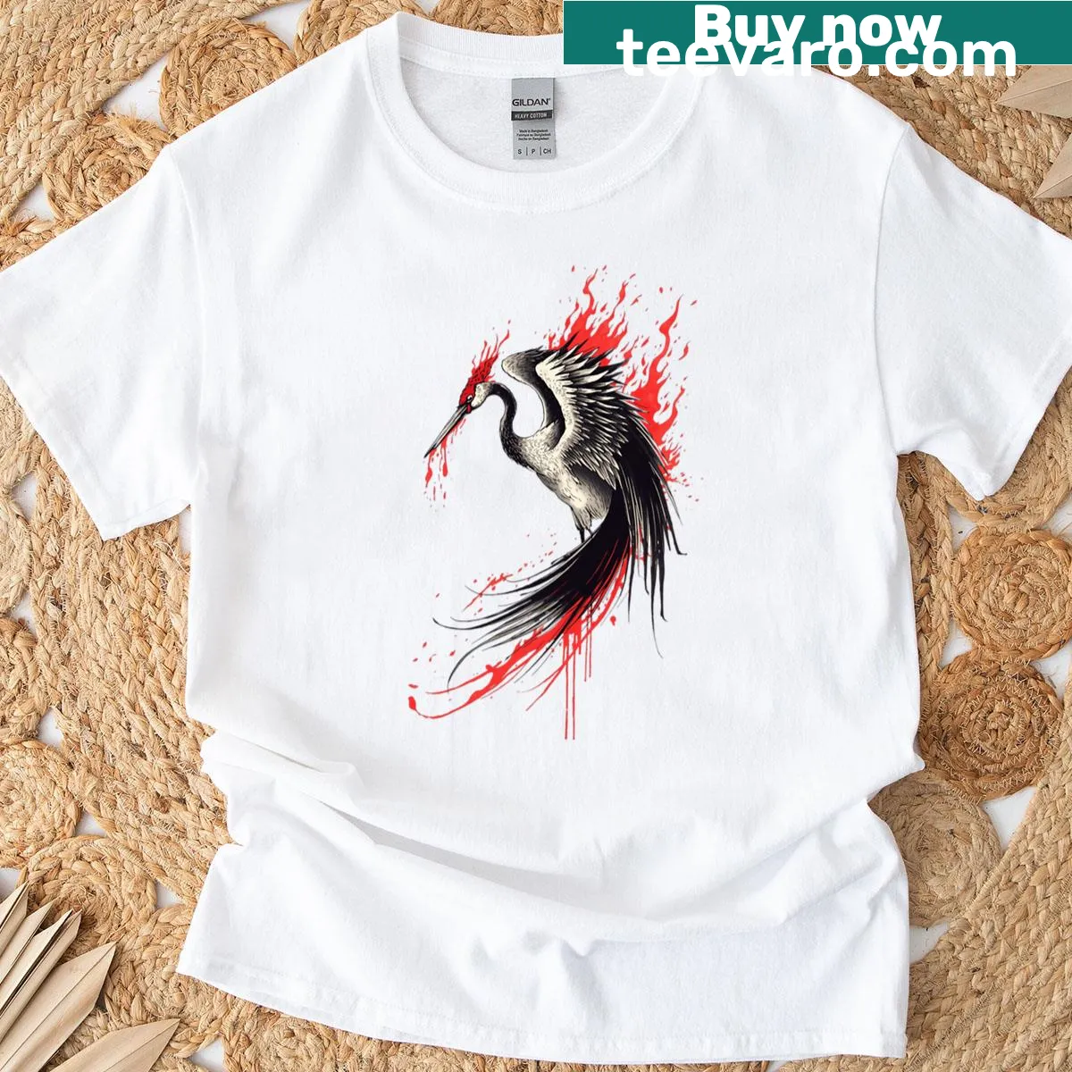 Illustration of a crane on fire on a stylish T-shirt — on a men's t-shirt