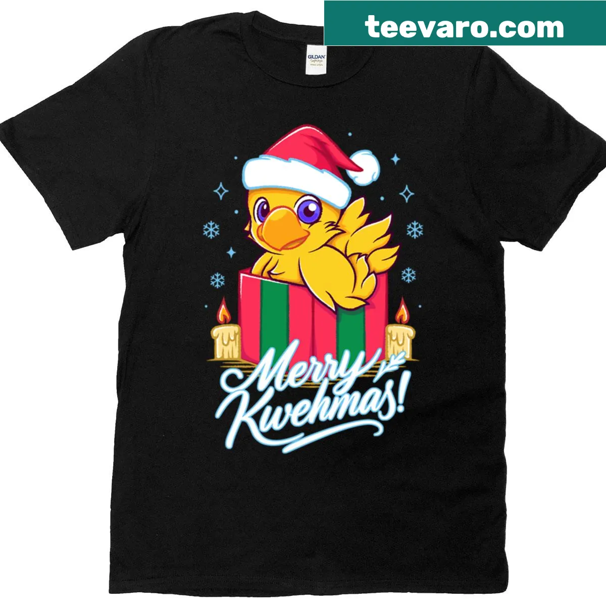 Cartoon Chocobo on a festive t-shirt for Kwehmas — on a men's t-shirt