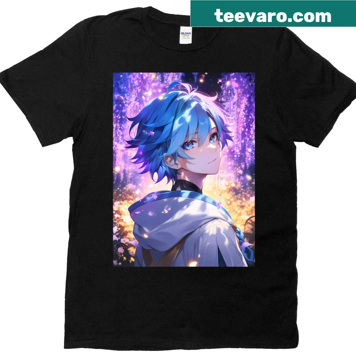 Illustration of Chongyun from Genshin Impact with wisteria — on a men's t-shirt