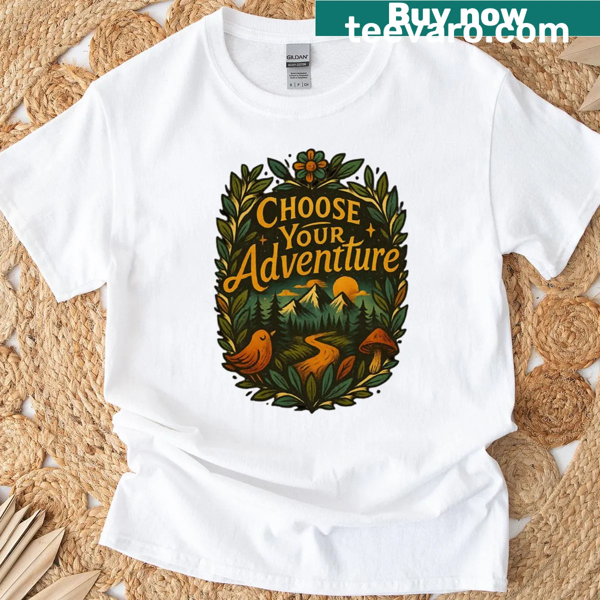 Vintage nature art T-shirt featuring a mountain path illustration — on a men's t-shirt