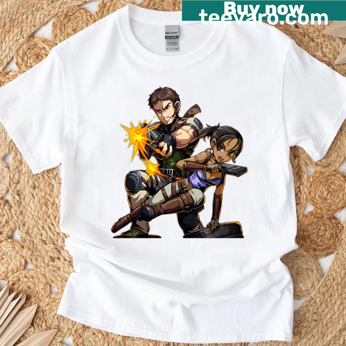 Graphic of Chris and Sheva from a popular video game — on a men's t-shirt