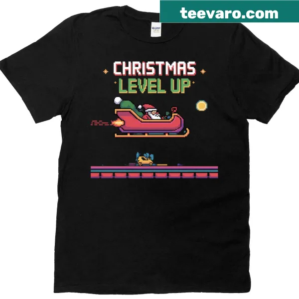 Funny gamer holiday t-shirt featuring 'Level Up' text and gaming graphics