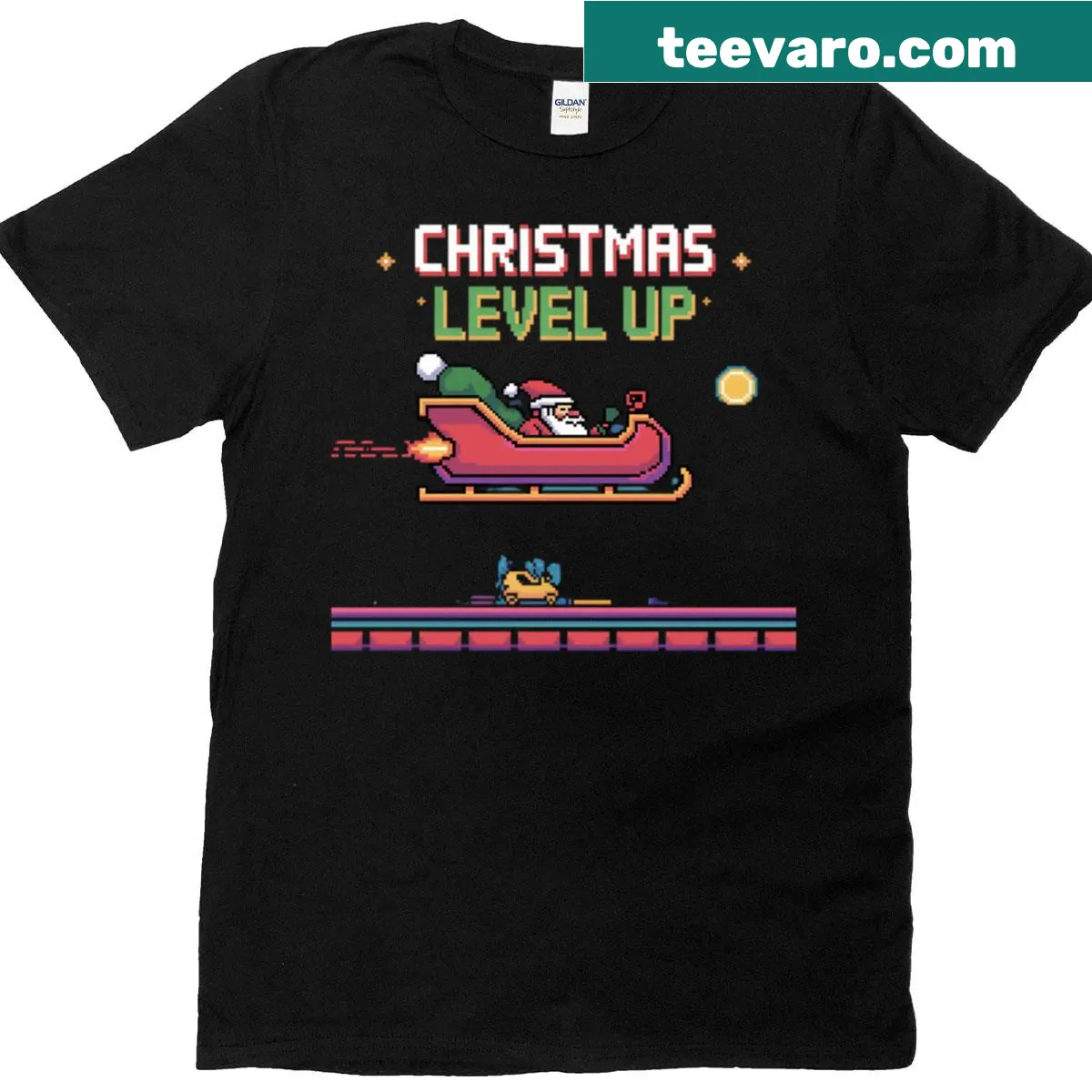 Funny gamer holiday t-shirt featuring 'Level Up' text and gaming graphics — on a men's t-shirt