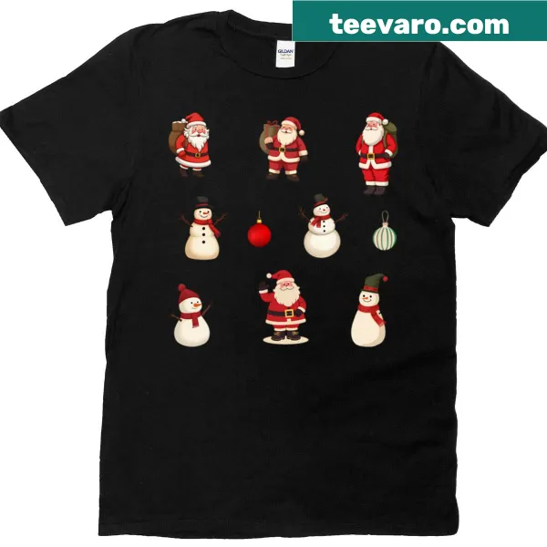 Festive Christmas t-shirt featuring Santa, snowman, and ornaments