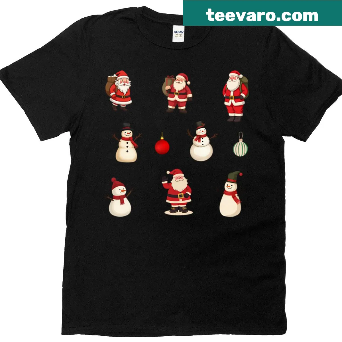 Festive Christmas t-shirt featuring Santa, snowman, and ornaments — on a men's t-shirt