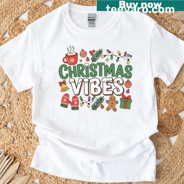 Festive holiday t-shirt with cheerful Christmas vibes text