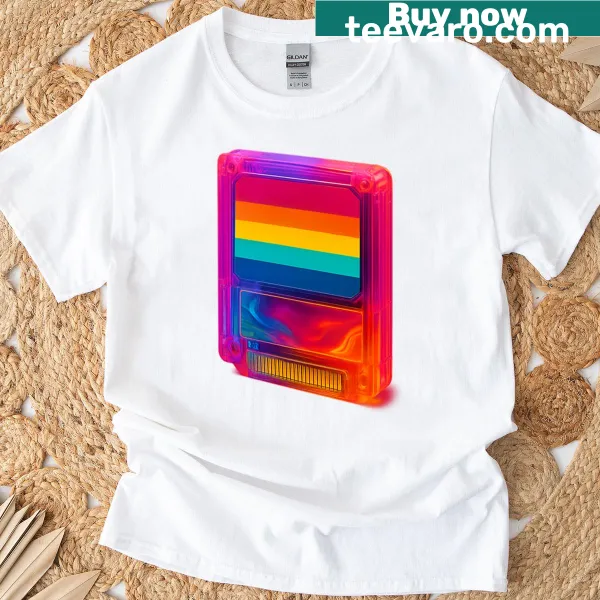 Retro t-shirt featuring a neon game cartridge graphic.