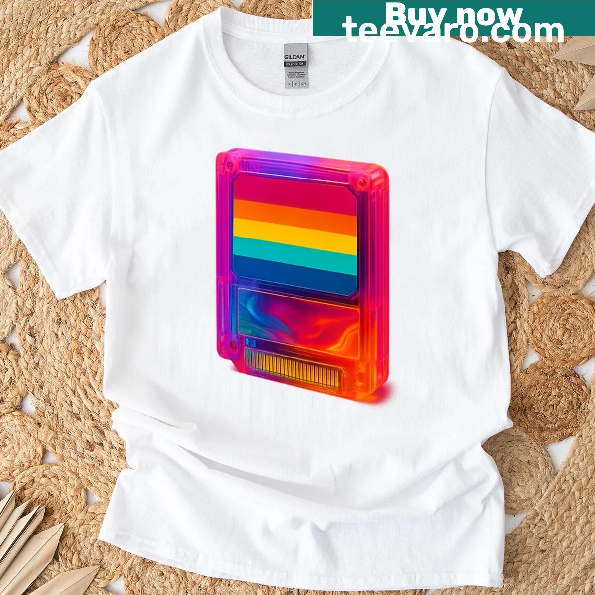 Retro t-shirt featuring a neon game cartridge graphic. — on a men's t-shirt