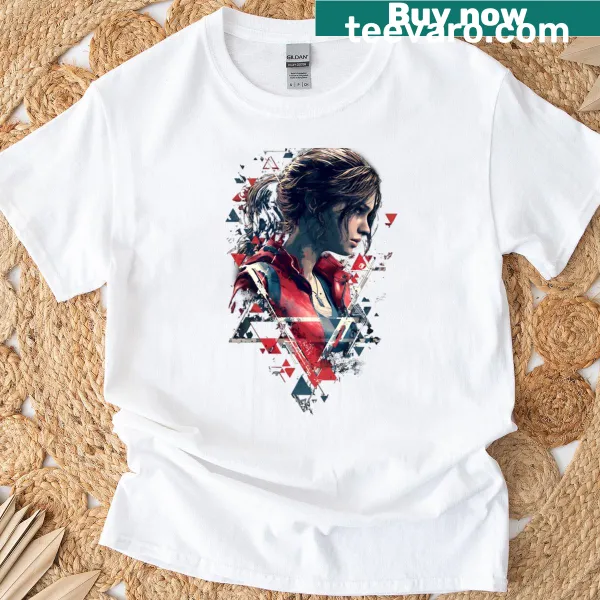 Claire Redfield on a motorcycle graphic t-shirt for horror game fans.