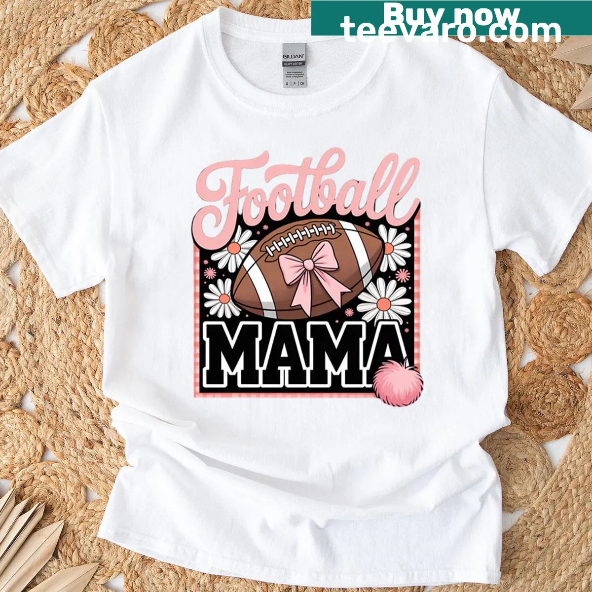 Stylish Football Mama T-shirt with bow design and playful typography — on a men's t-shirt
