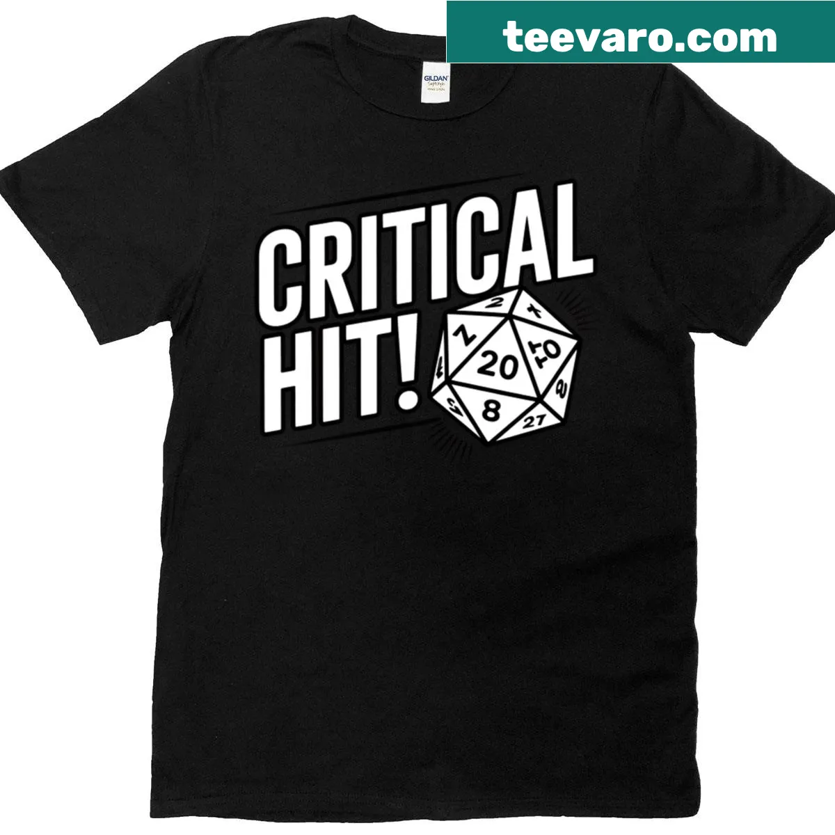 Illustration of a red D20 die on a gaming t-shirt — on a men's t-shirt