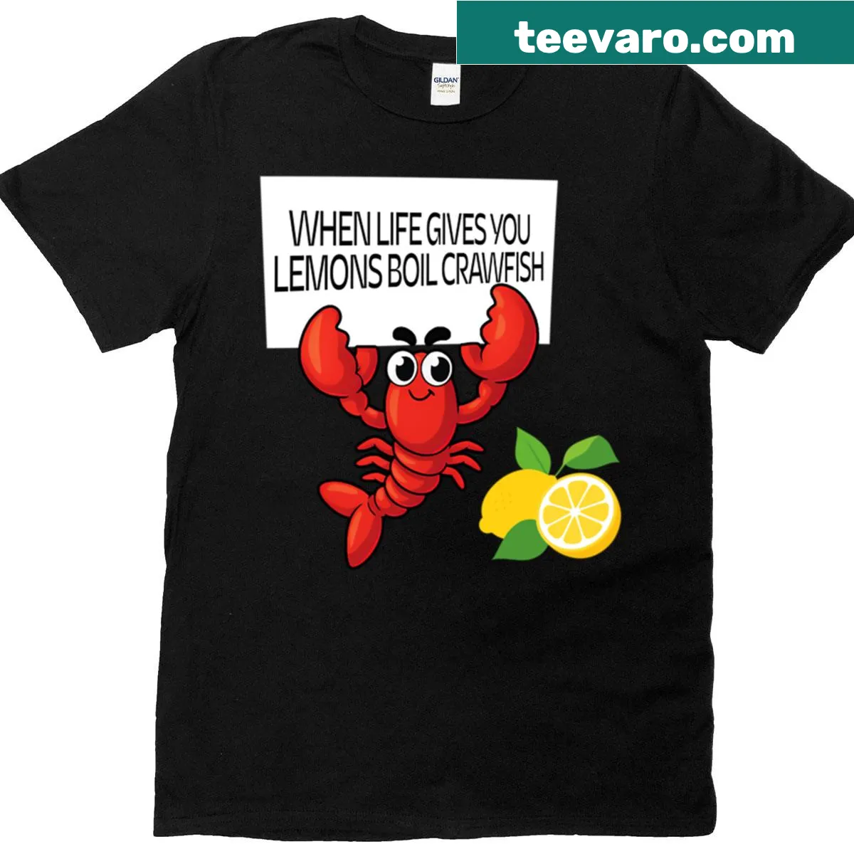 Humorous T-shirt featuring crawfish and lemon graphics — on a men's t-shirt