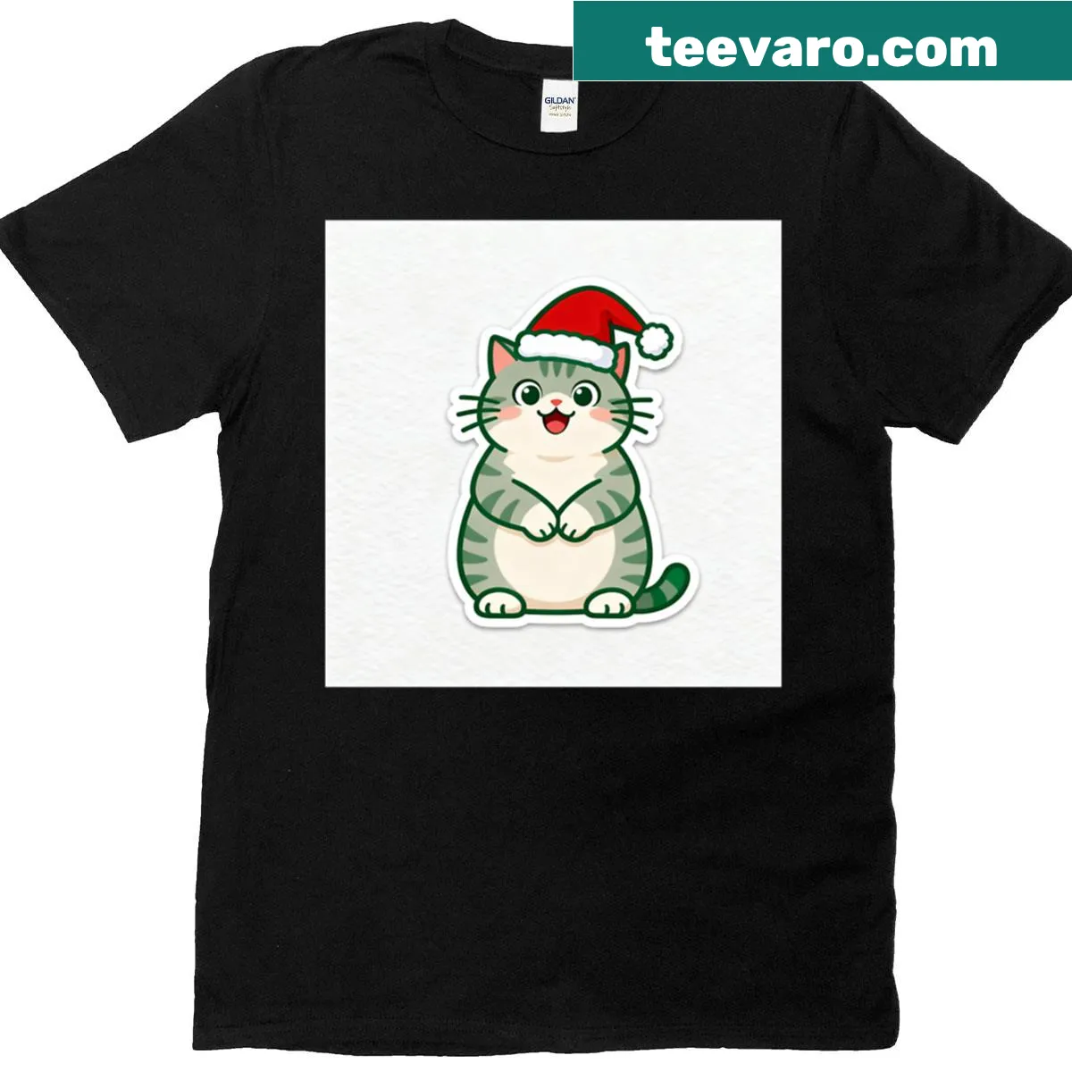 Cartoon of a cute cat wearing a Santa hat for Christmas — on a men's t-shirt