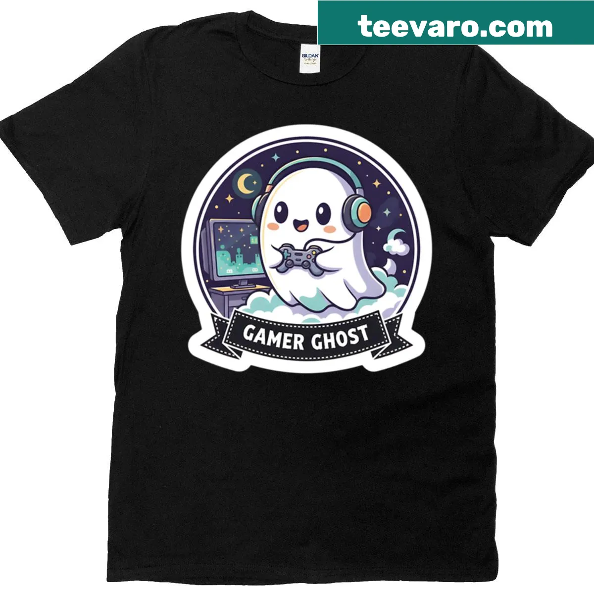 Kawaii ghost gamer graphic on T-shirt — on a men's t-shirt