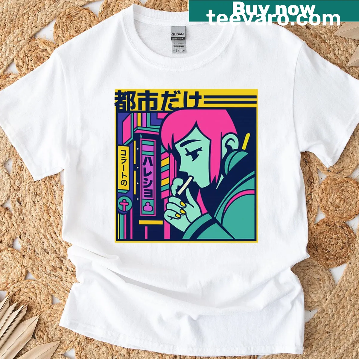 Retro cyberpunk anime girl design with vaporwave elements — on a men's t-shirt