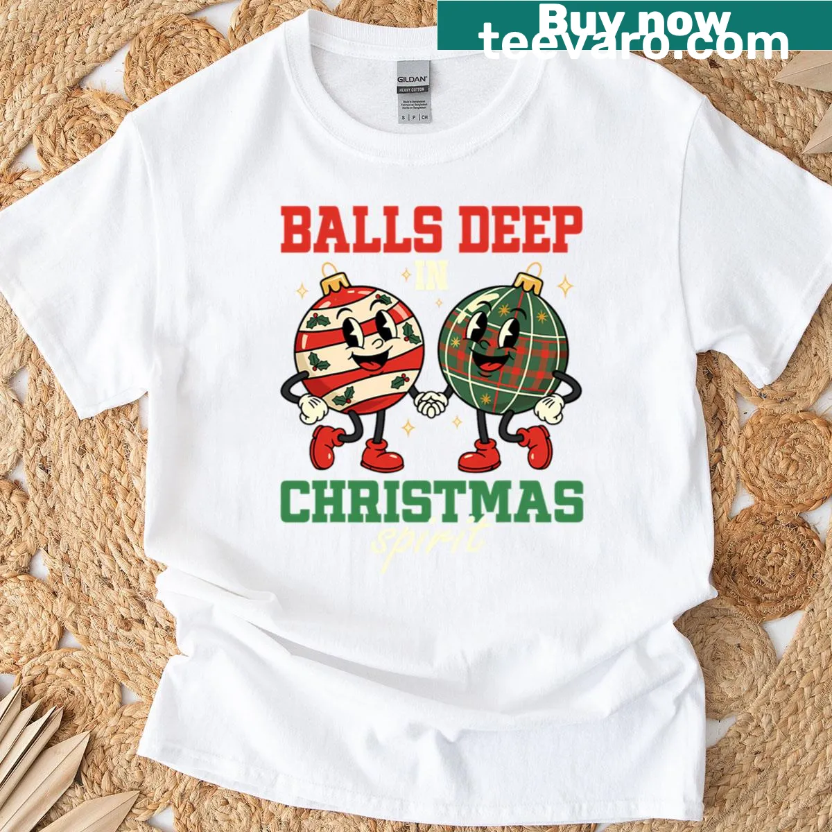 Vintage-style couple's t-shirt with happy holiday quote and Christmas balls — on a men's t-shirt
