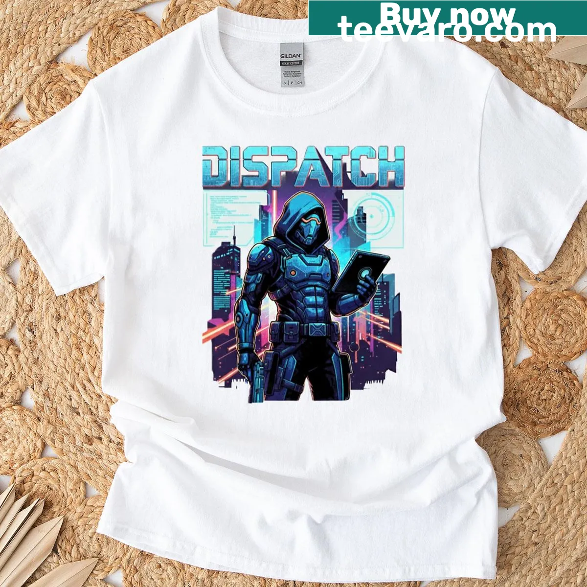 Futuristic t-shirt featuring a cyberpunk soldier in cityscape — on a men's t-shirt