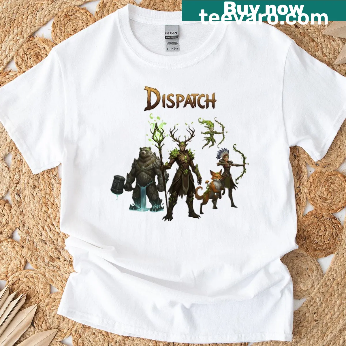 Illustrative t-shirt featuring nature guardians from a fantasy theme — on a men's t-shirt