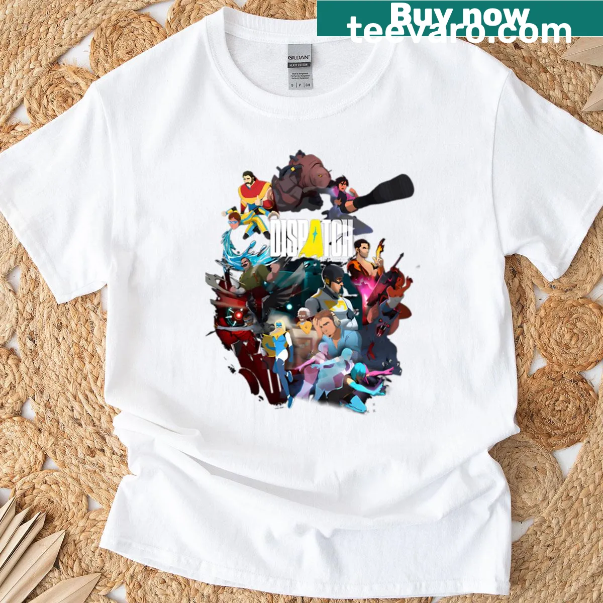 T-shirt featuring iconic Dispatch game characters in illustration — on a men's t-shirt