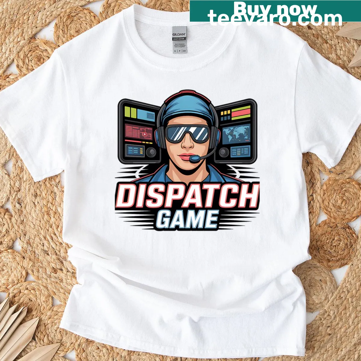 Gamer t-shirt featuring a control center graphic for dispatch strategy. — on a men's t-shirt