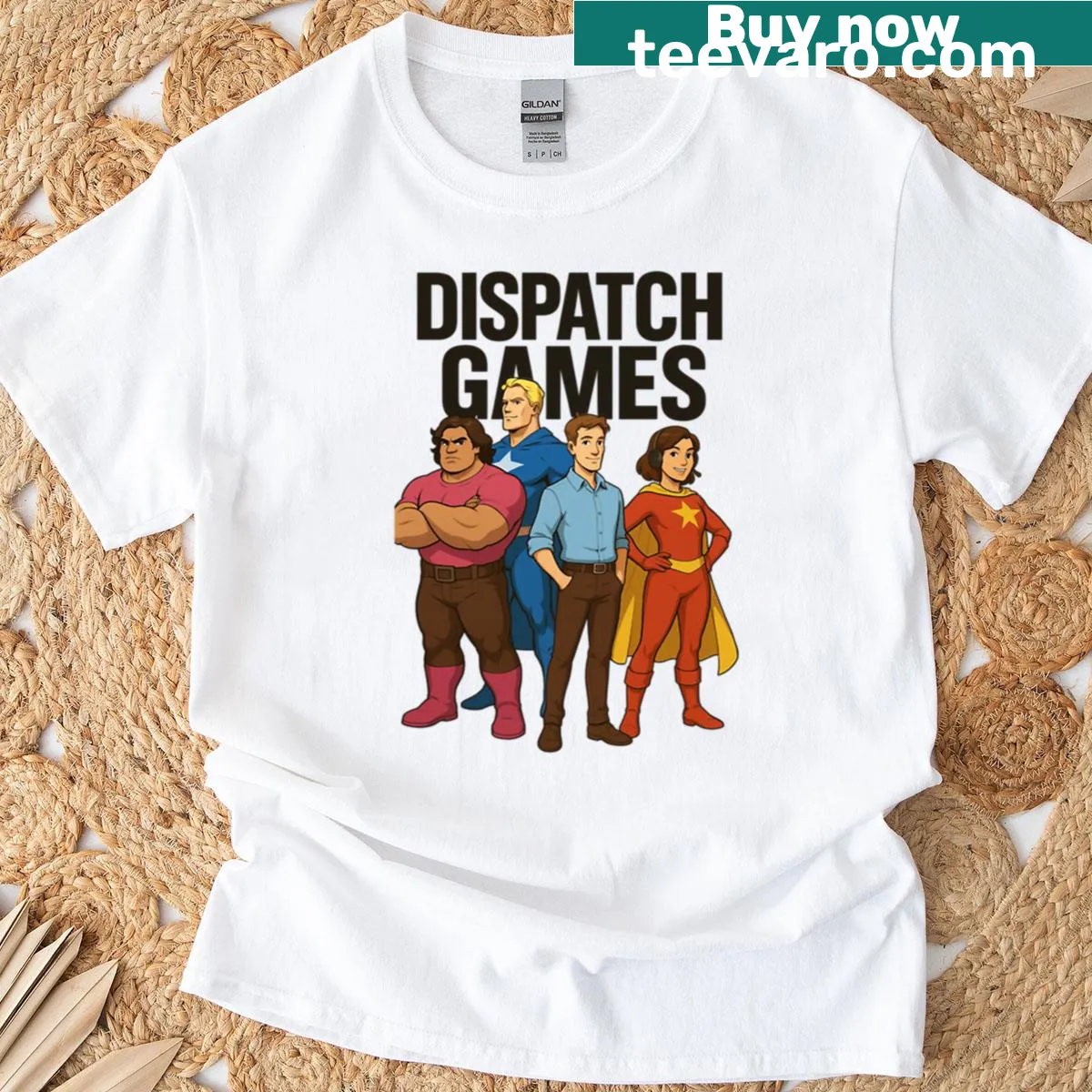 Retro gaming T-shirt featuring a comic-style superhero team design — on a men's t-shirt