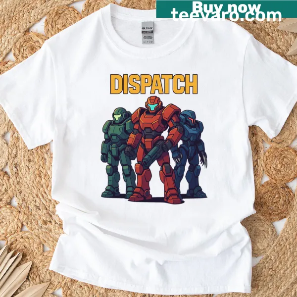 Illustrated retro mech squad graphic on a futuristic T-shirt