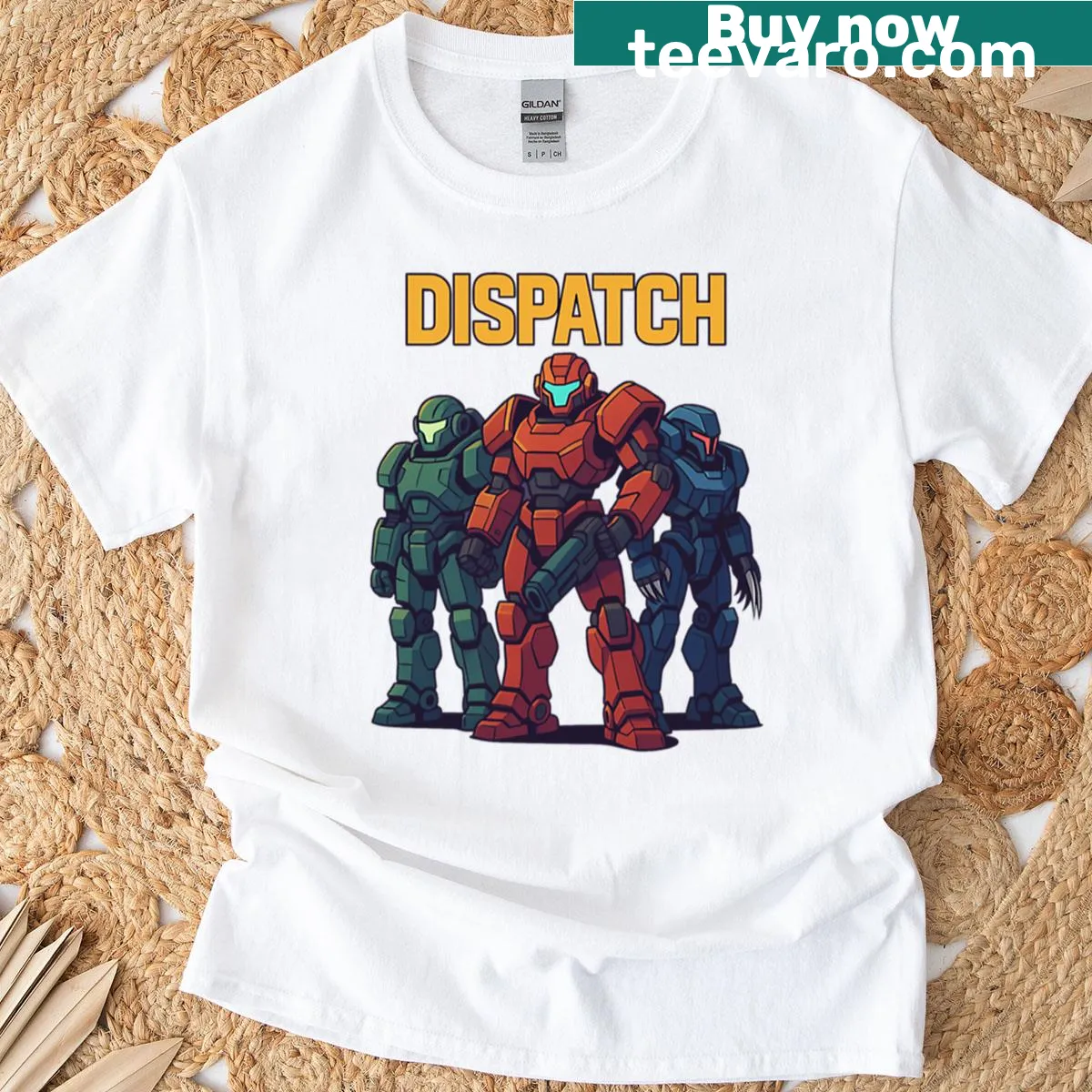 Illustrated retro mech squad graphic on a futuristic T-shirt — on a men's t-shirt