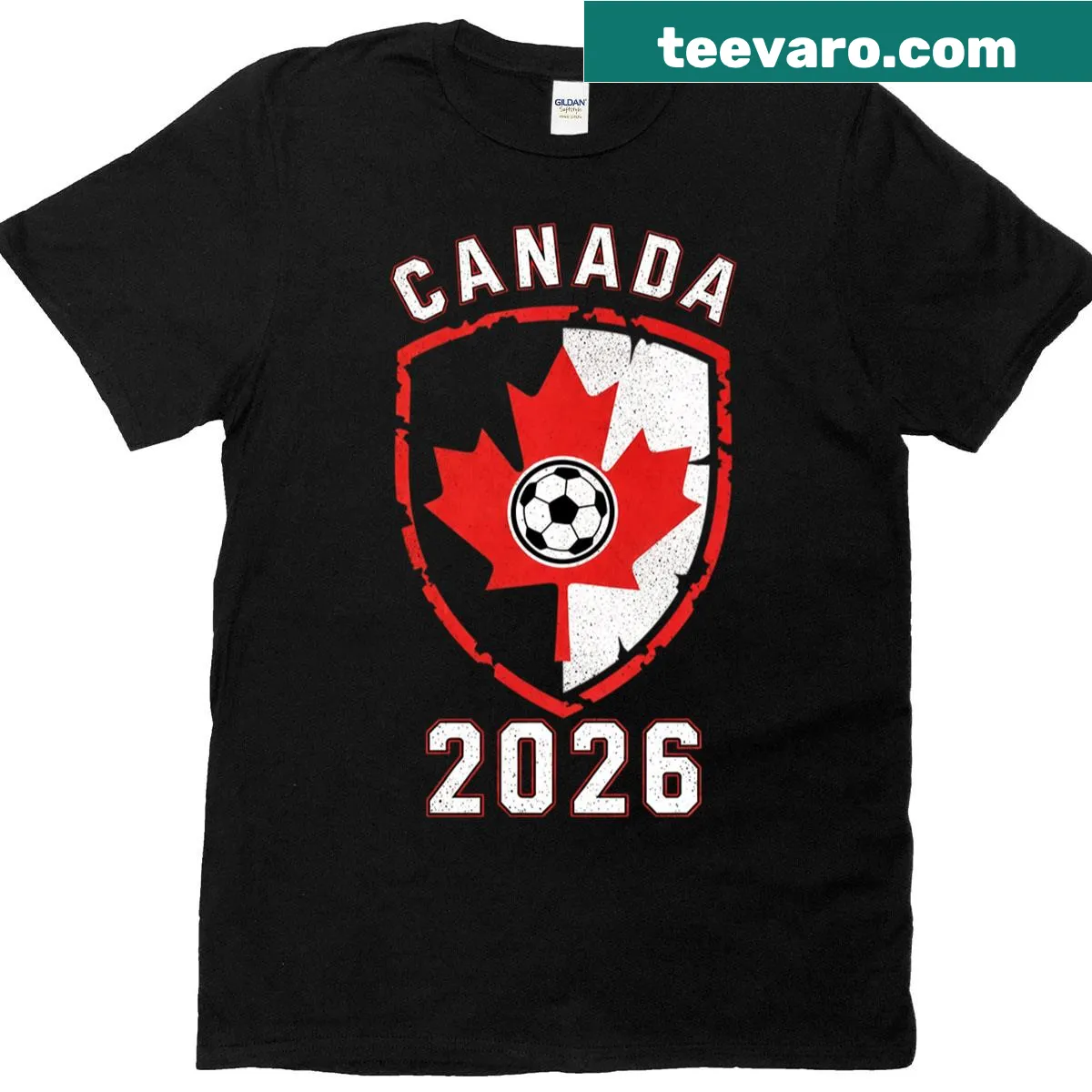 Distressed Canada crest t-shirt featuring a maple leaf and soccer design — on a men's t-shirt