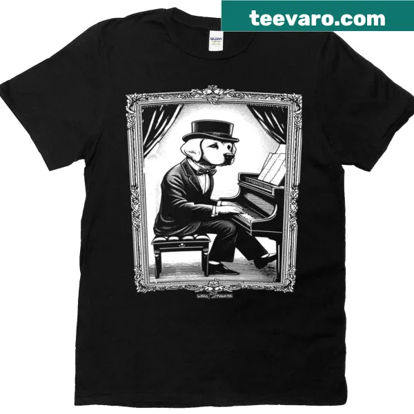 Cute cartoon graphic of a dog in a tuxedo playing piano