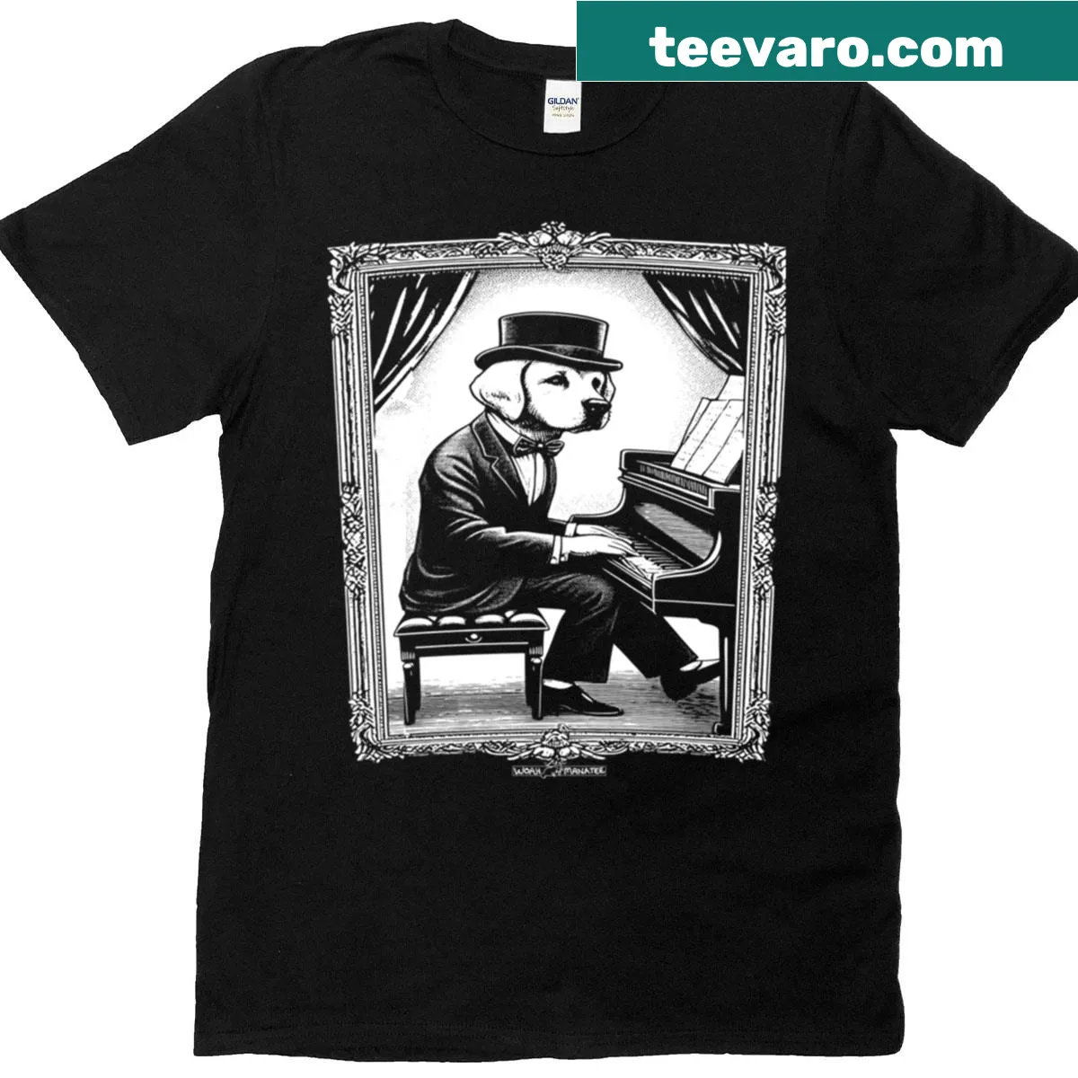 Cute cartoon graphic of a dog in a tuxedo playing piano — on a men's t-shirt