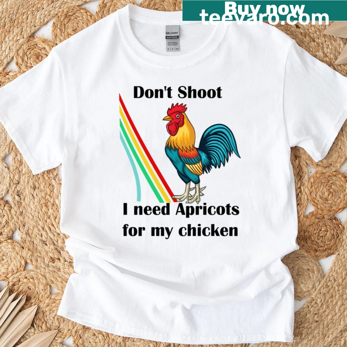 Funny T-shirt with text Don't Shoot I Need Apricots For My Chicken — on a men's t-shirt