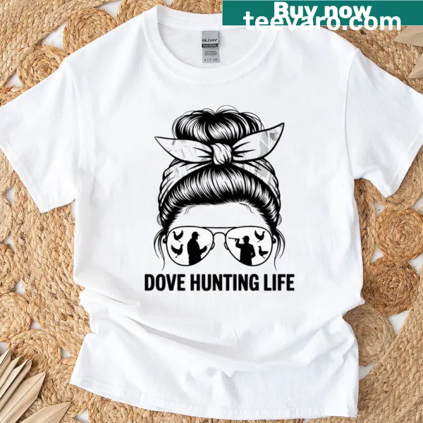 Illustration of a dove hunter woman with messy bun on T-shirt