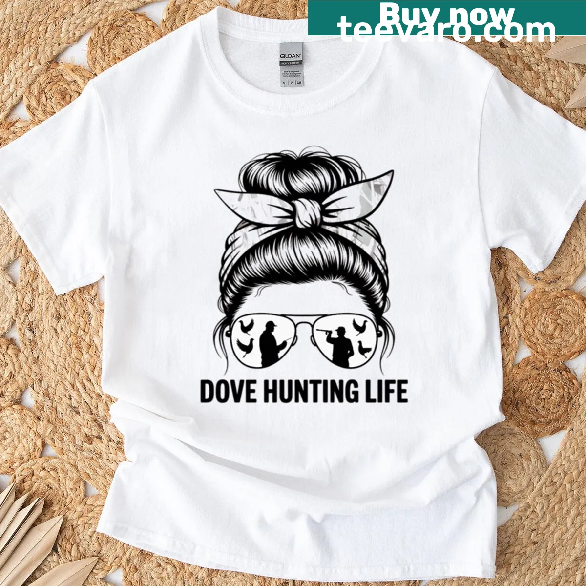 Illustration of a dove hunter woman with messy bun on T-shirt — on a men's t-shirt