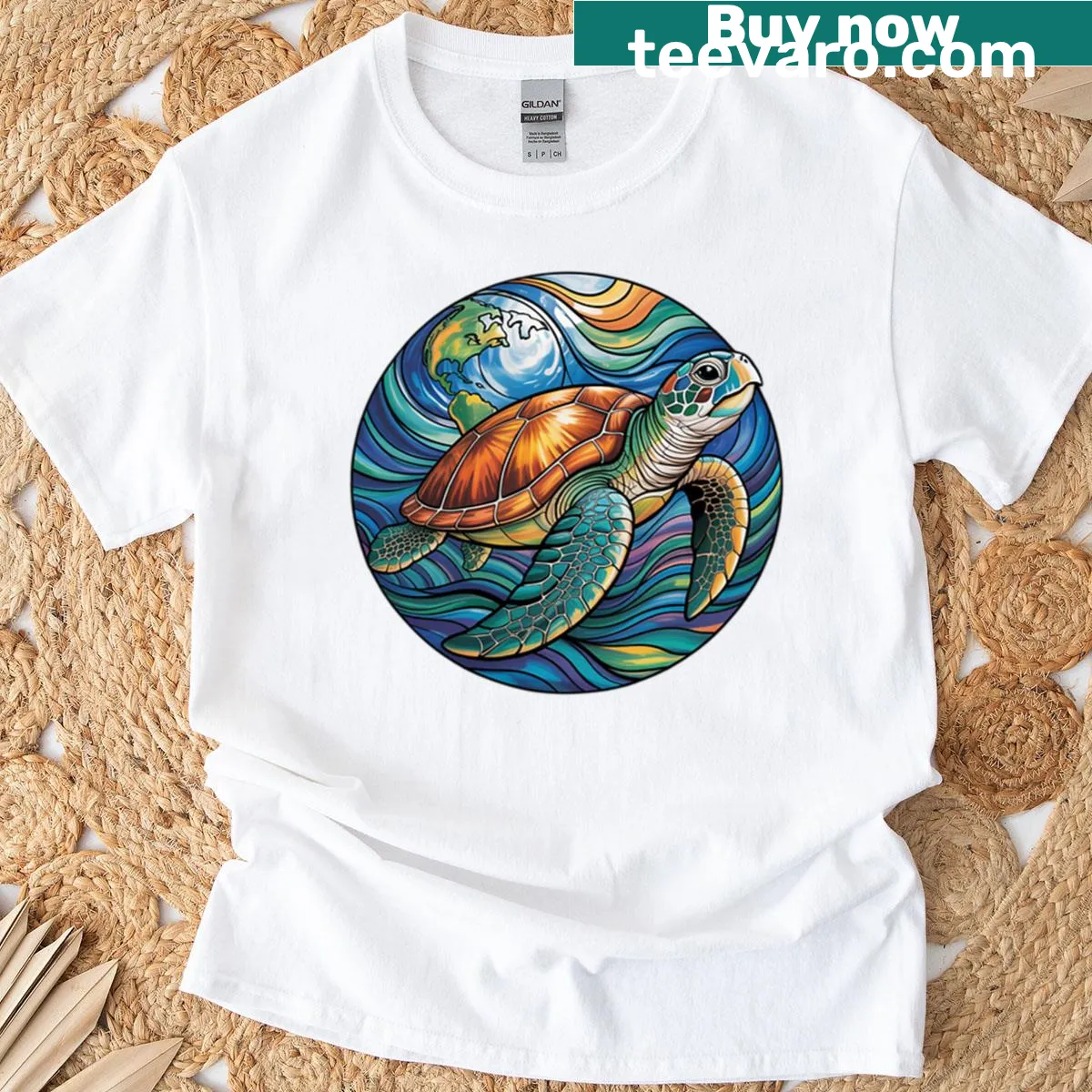 Illustrated sea turtle t-shirt promoting Earth Day — on a men's t-shirt