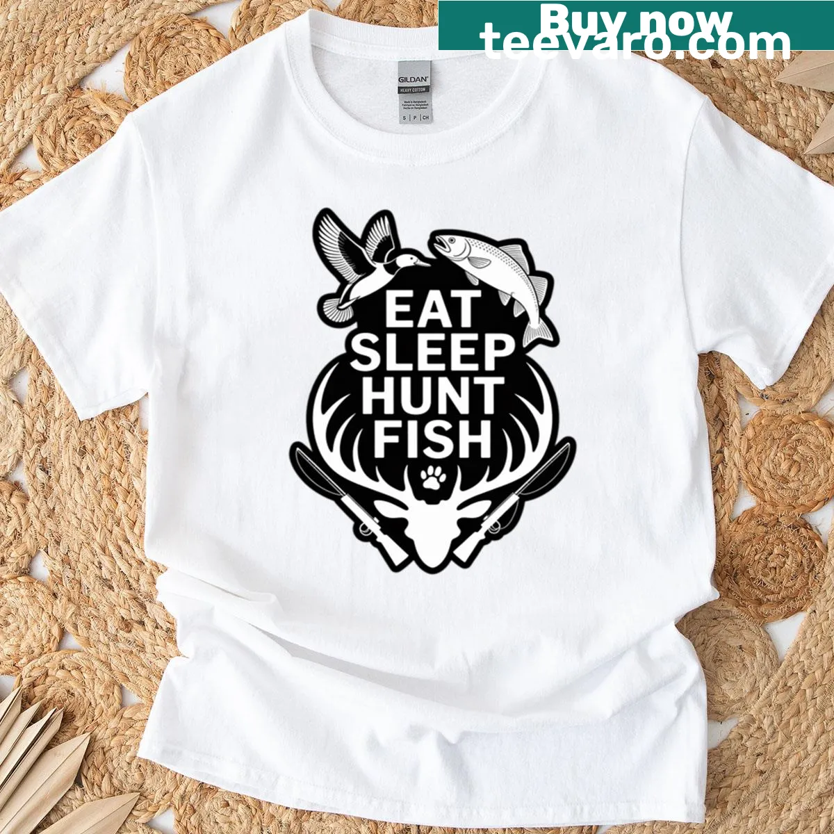Outdoor-themed t-shirt with hunting and fishing graphic — on a men's t-shirt