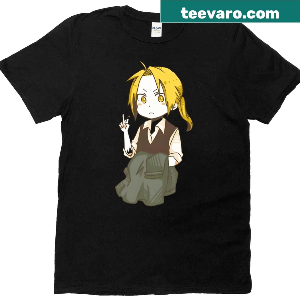 Chibi Edward Elric cartoon graphic on a t-shirt — on a men's t-shirt