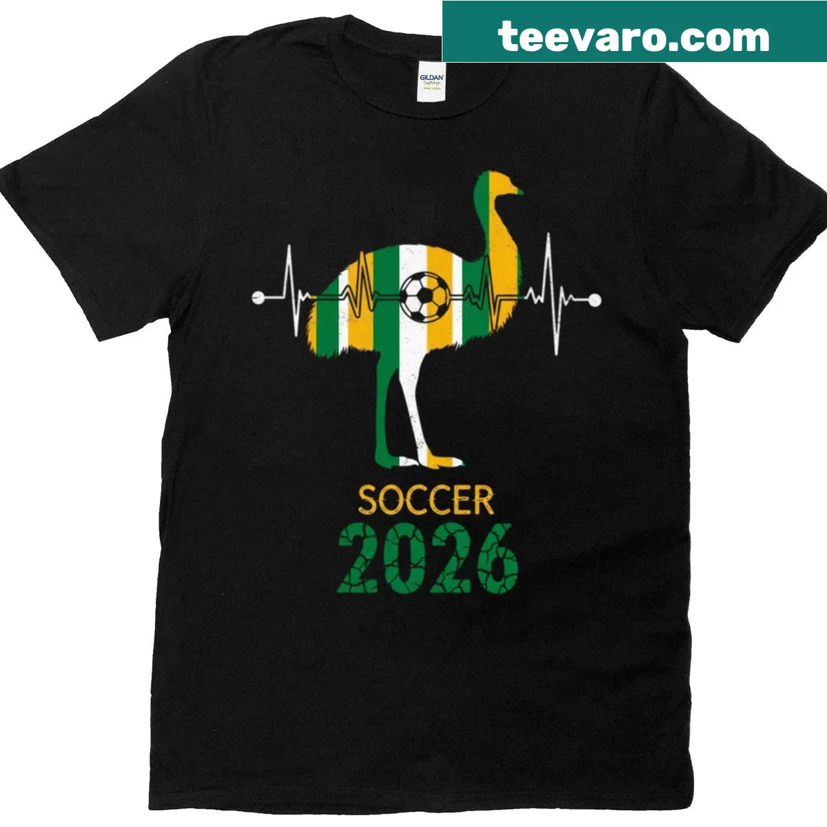 Soccer-themed Emu Australia T-shirt for 2026 — on a men's t-shirt