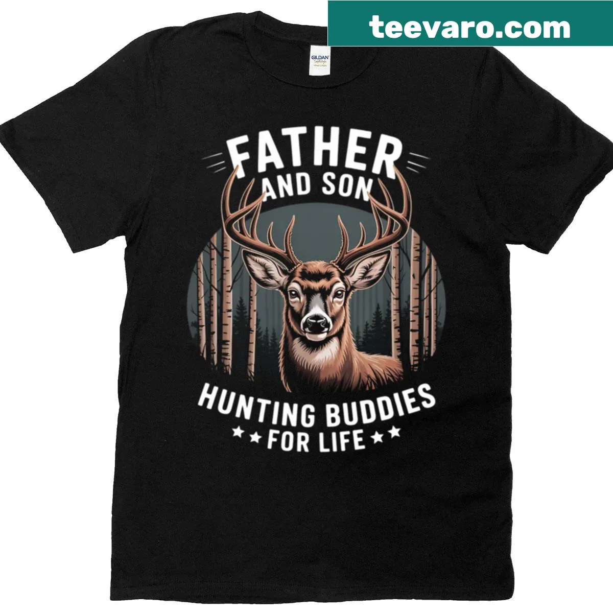 Illustration of a father and son as hunters, highlighting their bond. — on a men's t-shirt