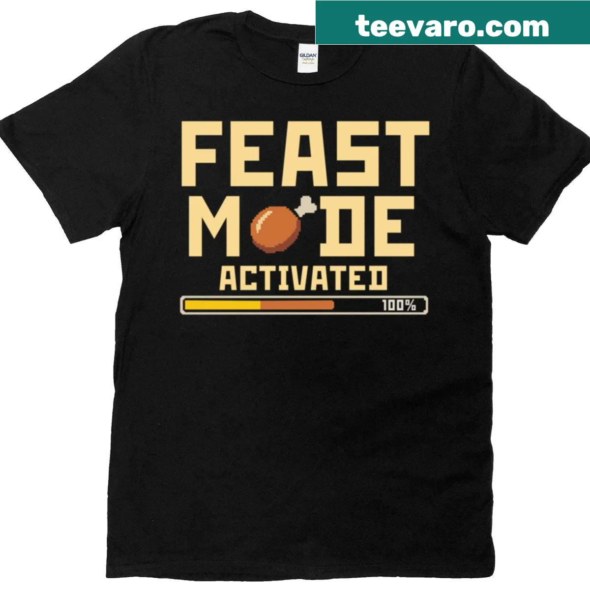 Playful pixelated turkey graphic with the phrase 'Feast Mode Activated' for gamers. — on a men's t-shirt