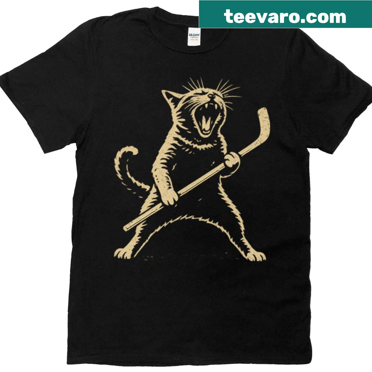 Vintage distressed t-shirt with fierce hockey cat design — on a men's t-shirt