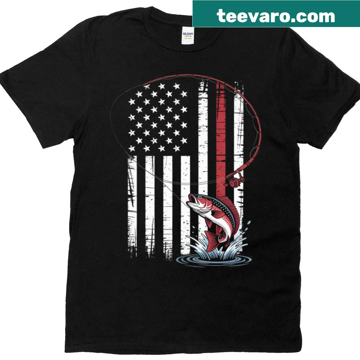 Vintage t-shirt featuring an American flag with fishing elements — on a men's t-shirt