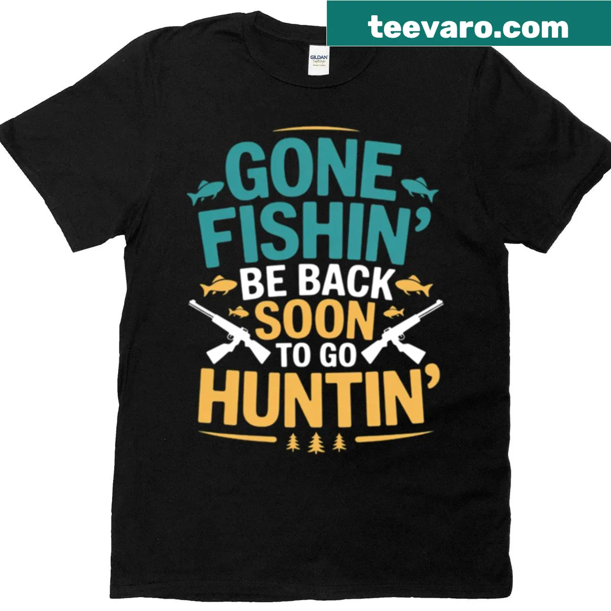 Playful t-shirt celebrating fishing and hunting — on a men's t-shirt