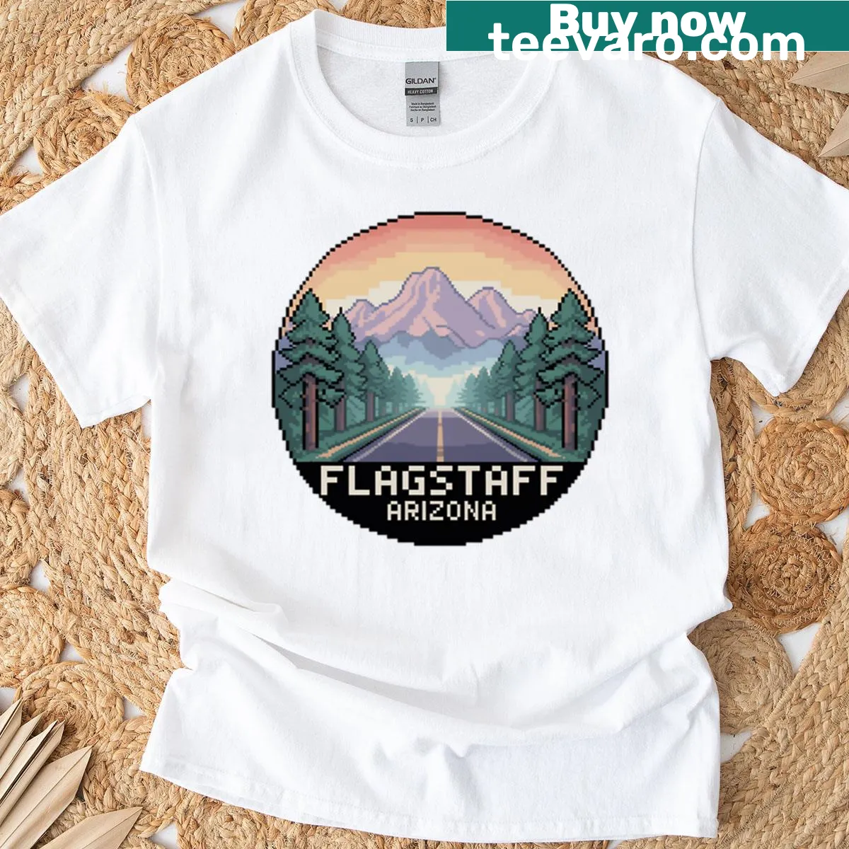 8-bit pixel art of a mountain road landscape — on a men's t-shirt