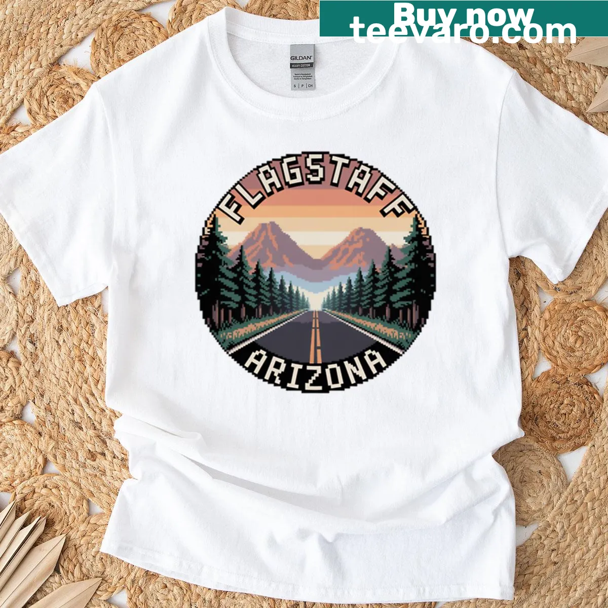 Pixel art mountain landscape of Flagstaff on a t-shirt — on a men's t-shirt
